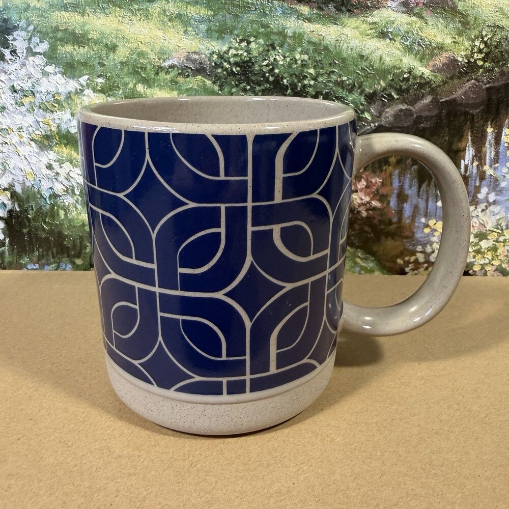 CRACKER BARREL Stoneware Mug Cup Blue Geometric Design EUC